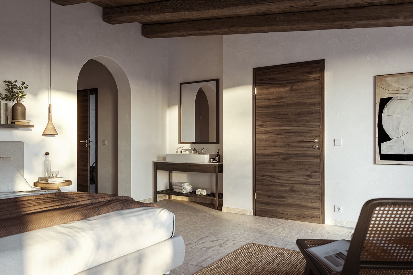 Chambre moderne et lumineuse avec lit, lavabo, miroir et porte en bois. Ambiance apaisante.