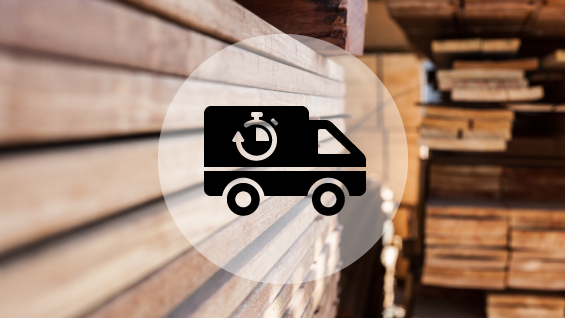 Camion de livraison stylisé sur fond de planches de bois empilées, symbolisant un service rapide.