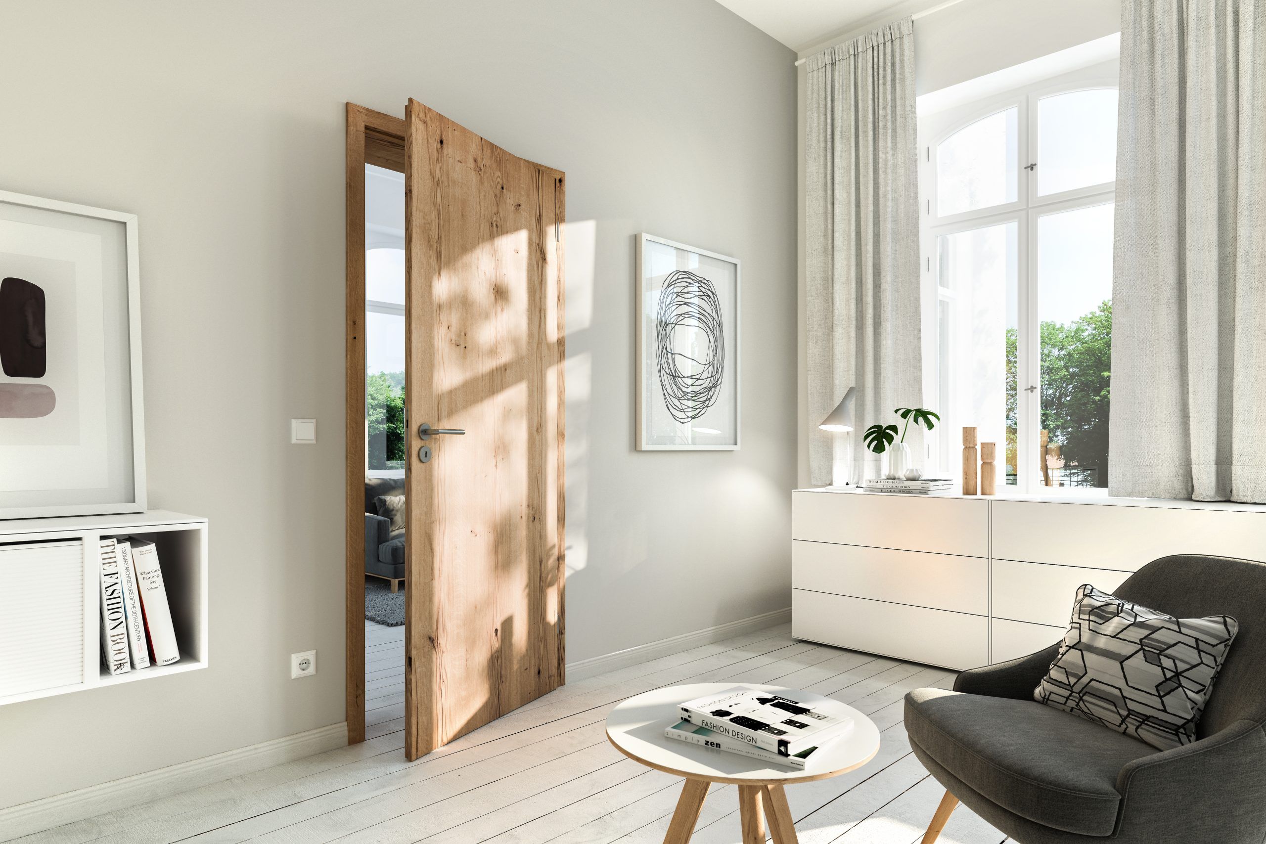 Une porte en bois ouverte révèle une pièce lumineuse avec un mobilier moderne et des fenêtres.