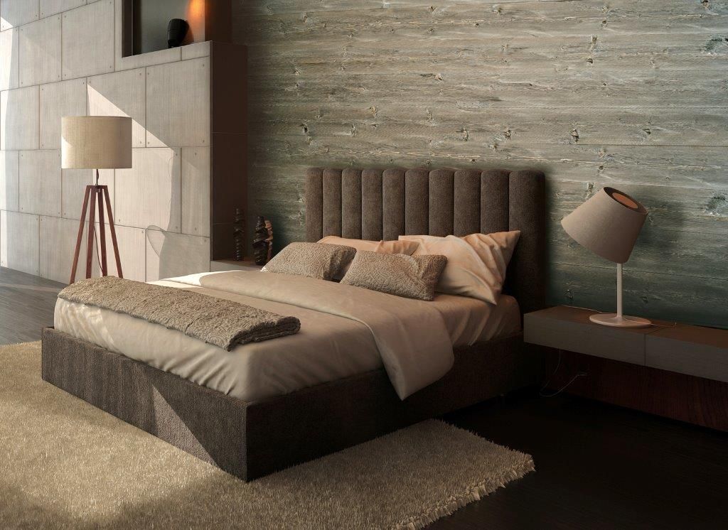 Lit moderne avec oreillers, éclairage doux, dans une chambre au décor minimaliste et chaleureux.