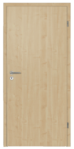 Porte en bois clair, fermée, avec poignée et serrure, dans un cadre minimaliste.