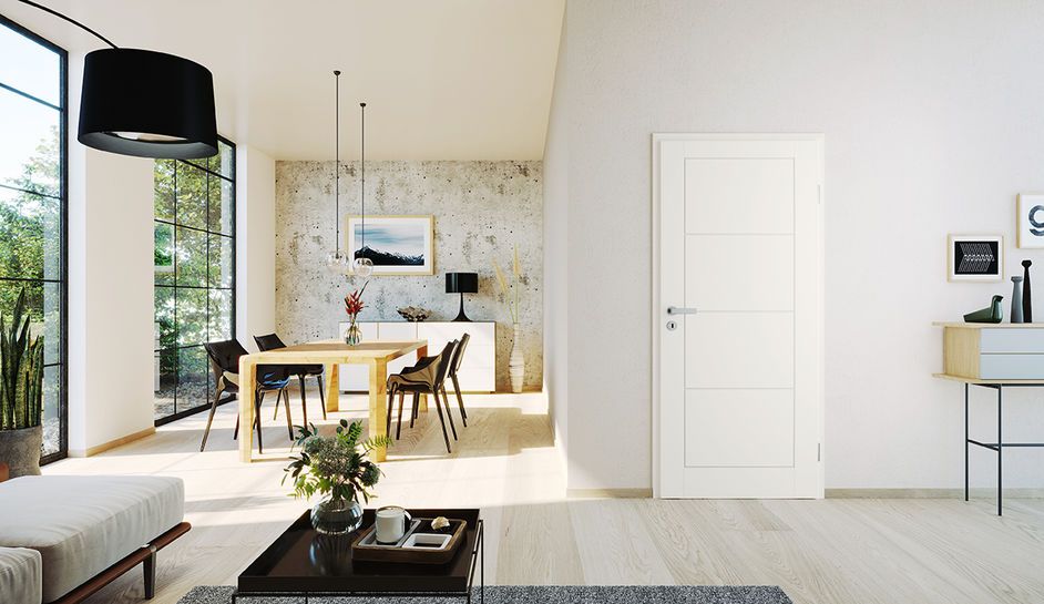 Salon moderne avec une table à manger, des chaises, des fenêtres et des plantes décoratives.