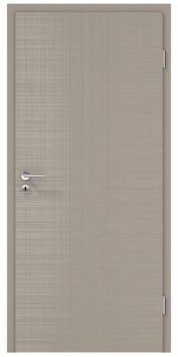 Porte taupe lisse, fermée, avec une poignée en métal, dans un environnement intérieur neutre.