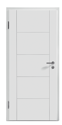 Porte blanche lisse avec des panneaux horizontaux, fermée, dans un cadre minimaliste.