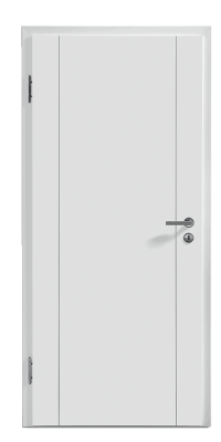 Porte blanche fermée, avec une poignée argentée, dans un cadre minimaliste et moderne.