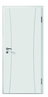 Porte blanche lisse avec des motifs incurvés, fermée, dans un environnement intérieur minimaliste.