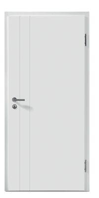 Porte blanche fermée, avec poignée et serrure, dans un contexte minimaliste et moderne.