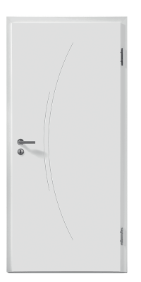 Porte blanche lisse avec une poignée, légèrement décorée d'une ligne courbe. Fermée, elle sépare des espaces.