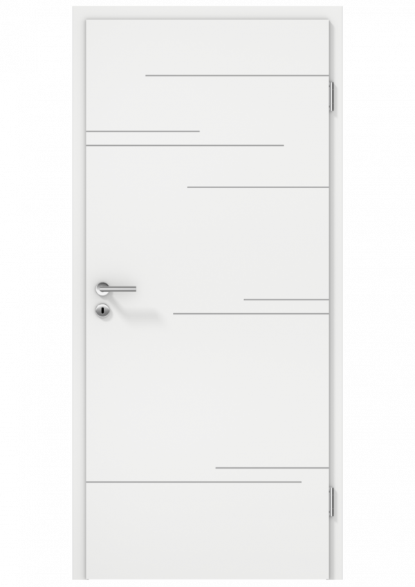 Porte blanche avec des lignes horizontales, fermée, dans un cadre minimaliste et moderne.