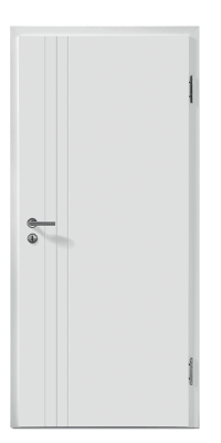 Porte blanche fermée avec des rainures verticales, poignée en métal, dans un cadre minimaliste.