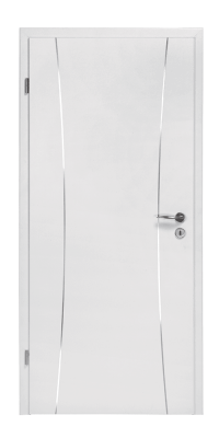Porte blanche lisse avec des motifs ondulés, fermée, dans un cadre minimaliste.