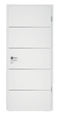 Porte blanche avec des rainures horizontales, fermée, dans un environnement intérieur minimaliste.