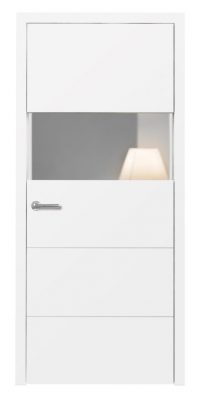 Porte blanche moderne avec un panneau vitré, laissant entrevoir une lampe à l'intérieur.