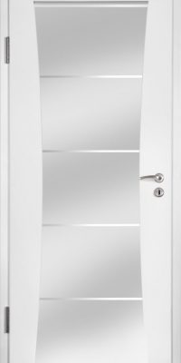 Porte blanche avec panneaux en verre, fermée, intégrée dans un cadre moderne et épuré.