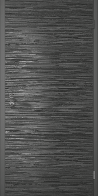 Porte en bois texturé, fermée, avec une poignée et une serrure, dans un environnement intérieur.