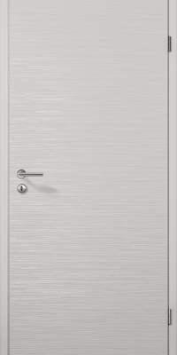 Porte blanche lisse avec poignée en métal, fermée, dans un environnement intérieur minimaliste.