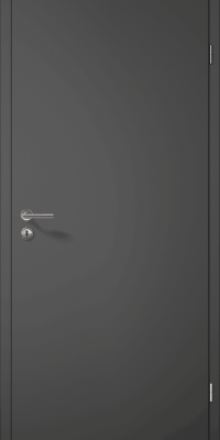 Porte grise fermée, dotée d'une poignée et d'une serrure, dans un environnement intérieur minimaliste.