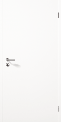Porte blanche fermée, avec une poignée en métal, dans un environnement minimaliste et moderne.