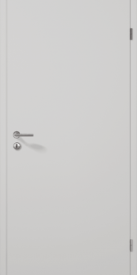 Porte blanche fermée avec une poignée en métal, située dans un environnement intérieur minimaliste.
