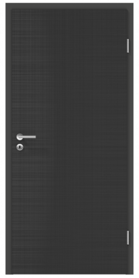 Porte noire lisse, fermée, avec une poignée et une serrure, dans un cadre minimaliste.